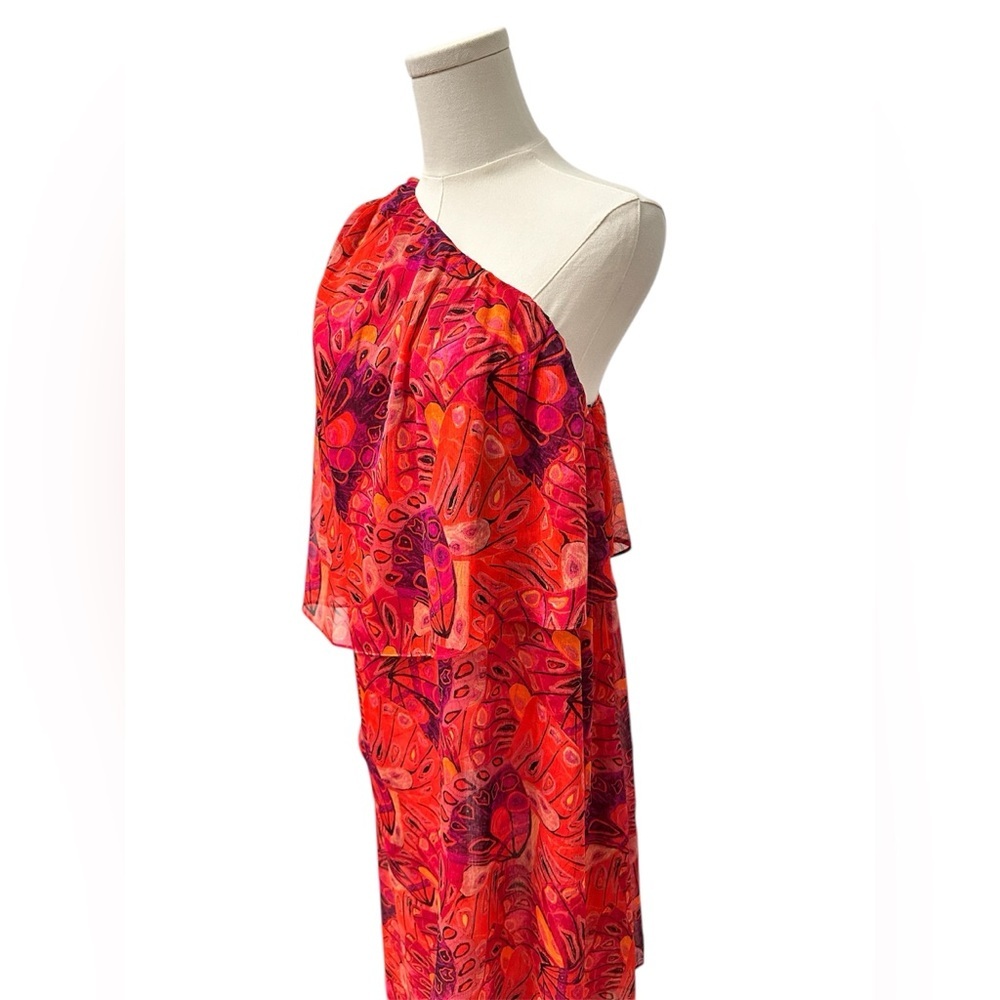 NWT MISA One-Shoulder Single Flutter Sleeve Dress Red Orange Women’s Size Small - Picture 6 of 12